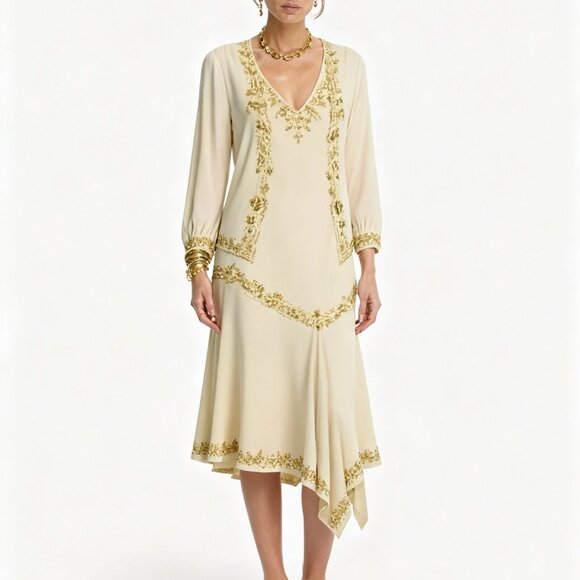 Midnight Velvet Beaded Cream Midi Evening Formal Dress & Cardigan - Picture 1 of 14